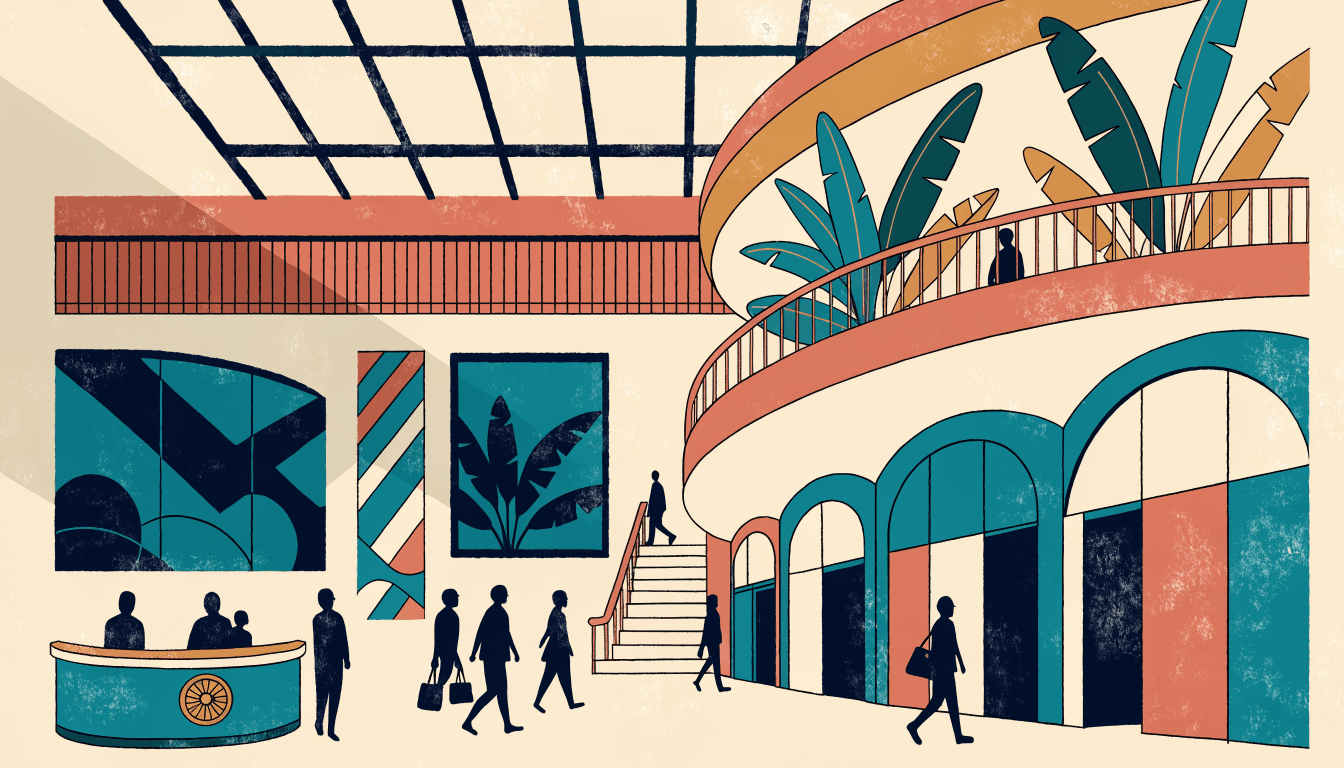 Illustration of a modern Southeast Asian shopping mall atrium with tropical plants and a pharmacy counter, shoppers strolling past storefronts