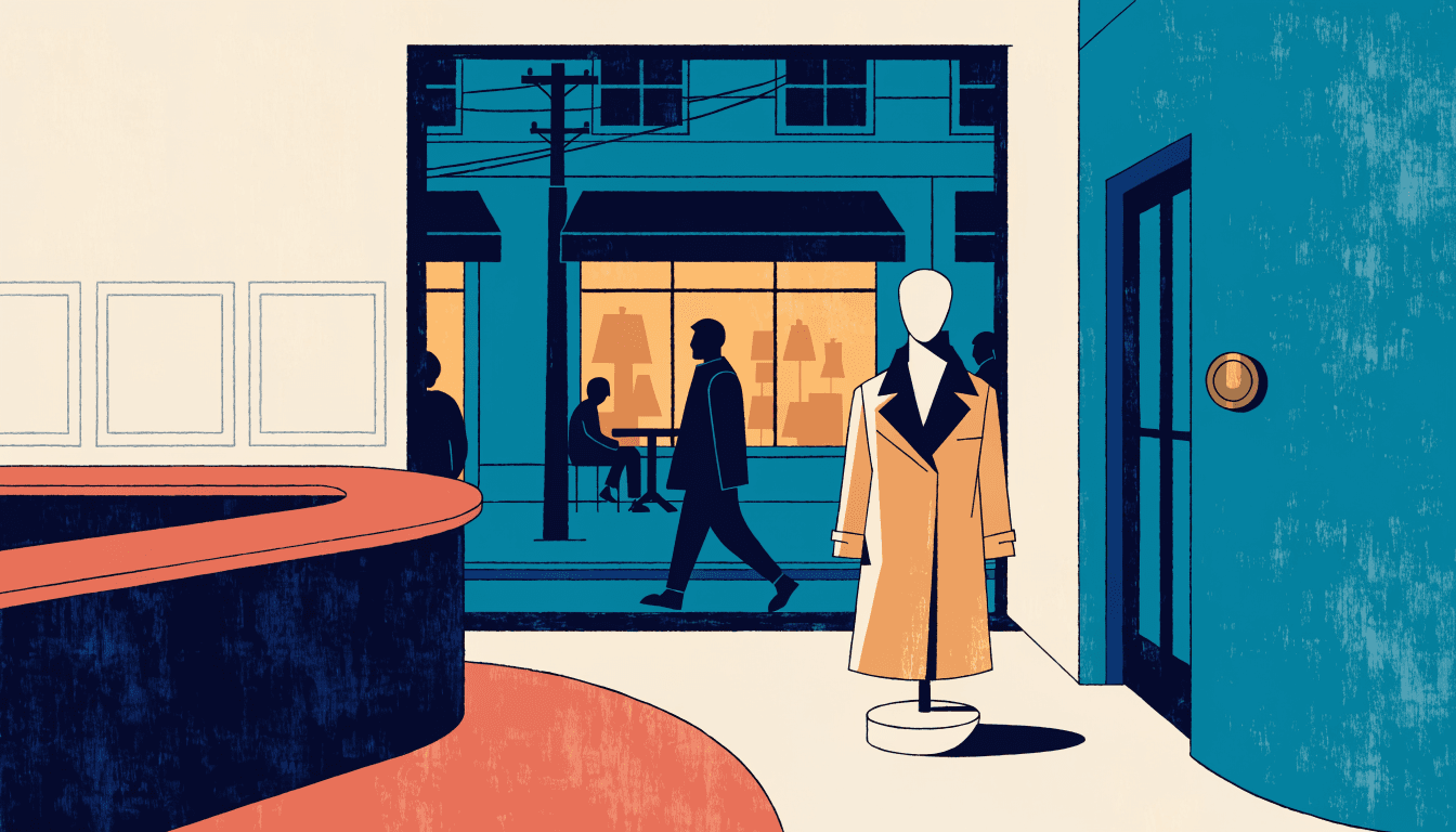 Editorial illustration of a hushed luxury boutique interior: a single trench coat lit on a faceless mannequin beside an empty curved counter, while through the window a warmly lit, busier shopfront trades across the street.