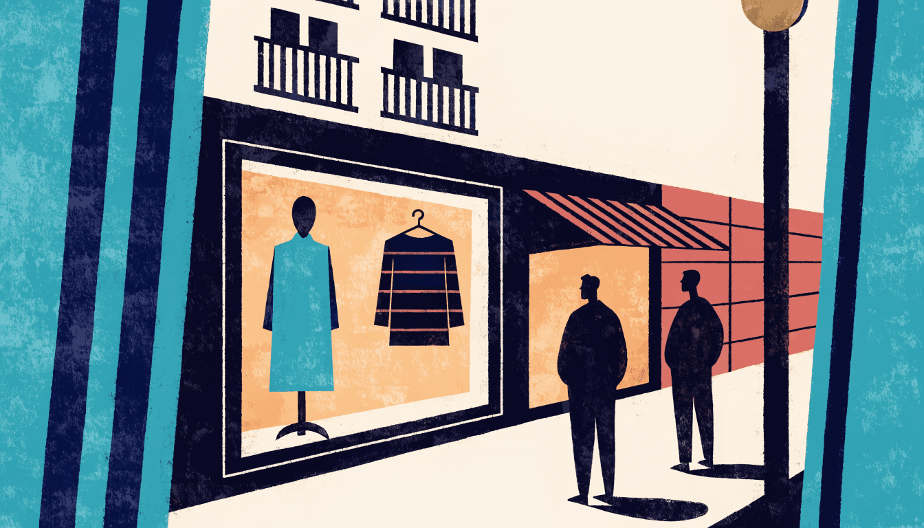 Editorial illustration of a fashion boutique's lit shopfront window at dusk on a Tokyo shopping street, two silhouette figures window-shopping outside.