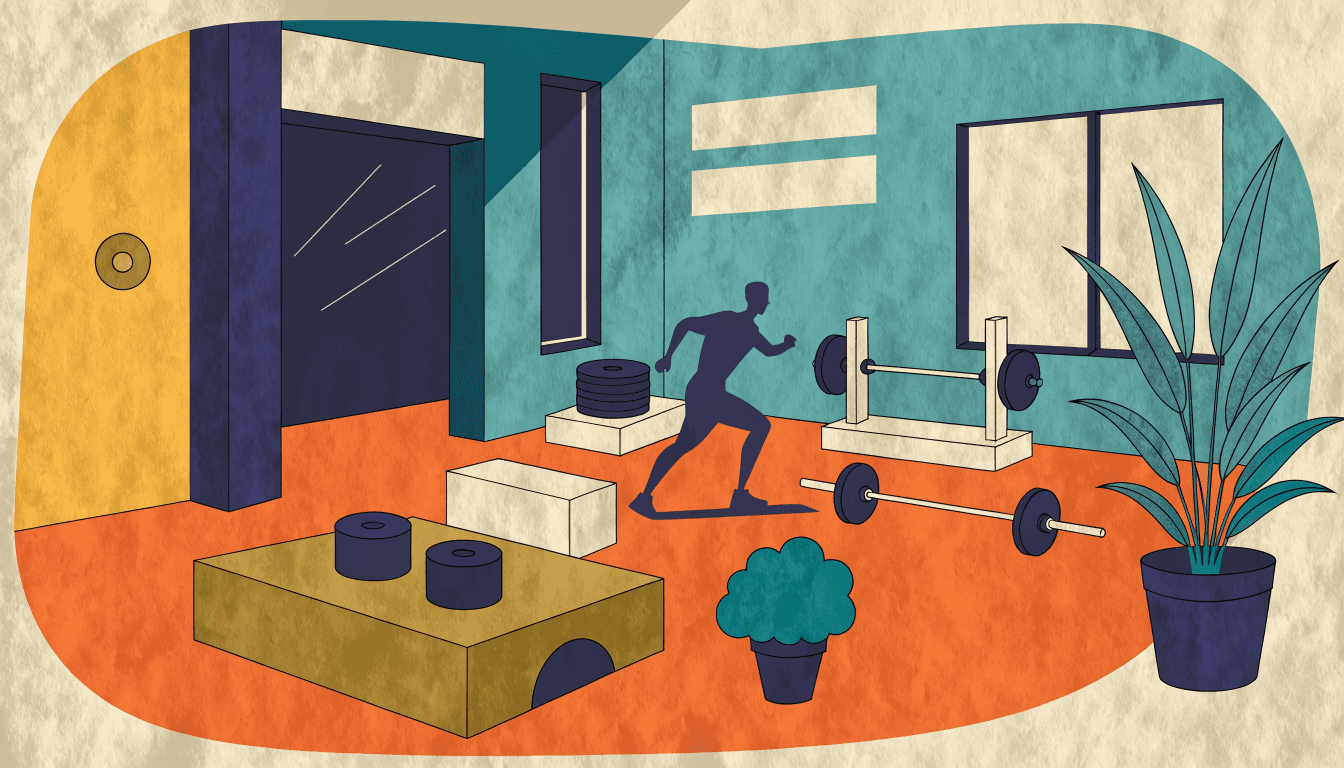 Illustration of a warmly lit hotel gym at night with weight-training equipment, potted greenery and a silhouette figure training.