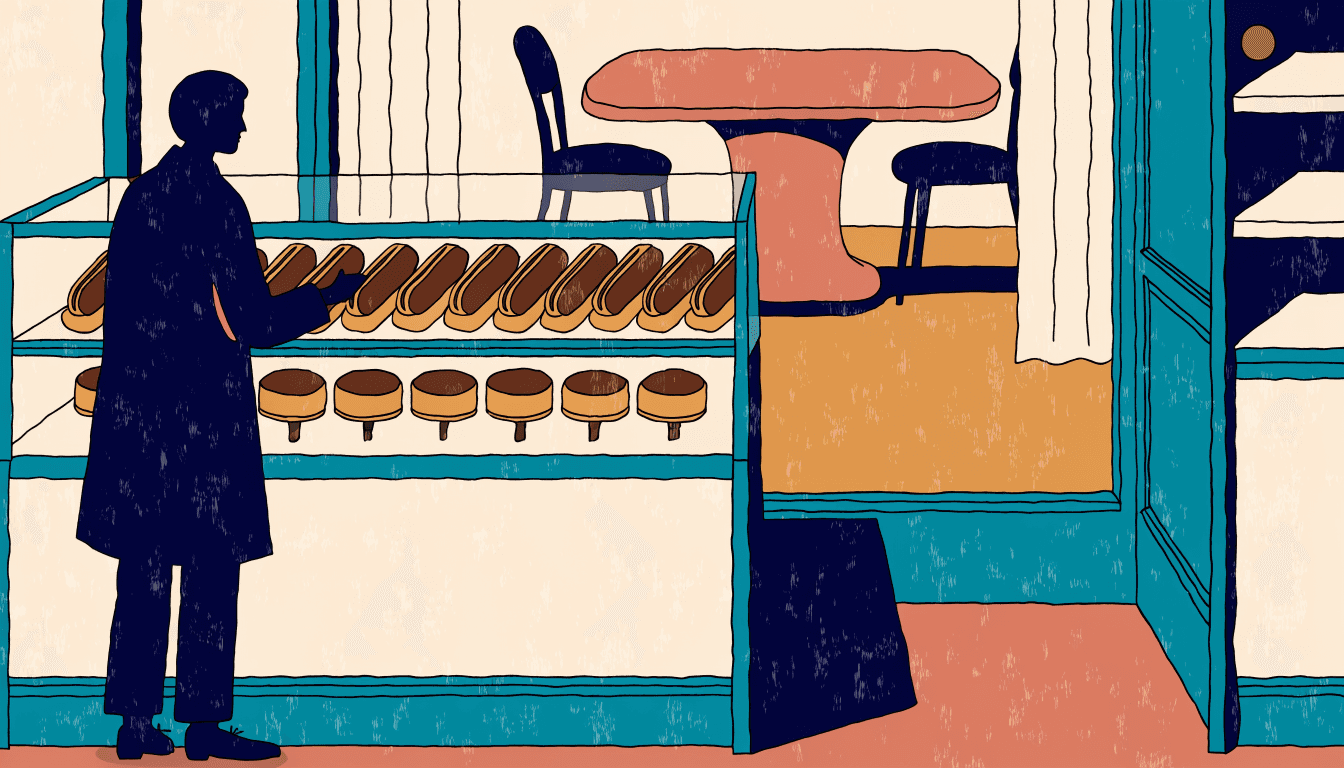 Illustration of a shopper choosing an eclair from a patisserie counter beside a tea-salon table.