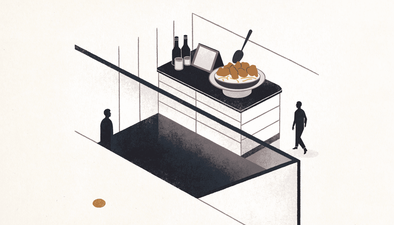 Illustration of a department-store food hall counter serving a fried-chicken rice bowl