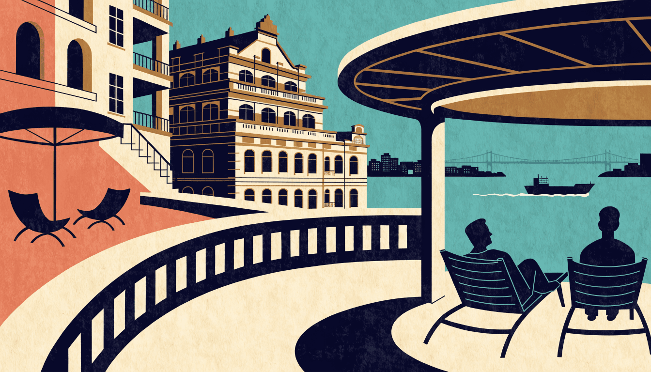 Editorial illustration of a hotel rooftop terrace overlooking a strait with a passing ship, retro port-town buildings and a bridge in the distance, silhouette figures relaxing on the terrace.