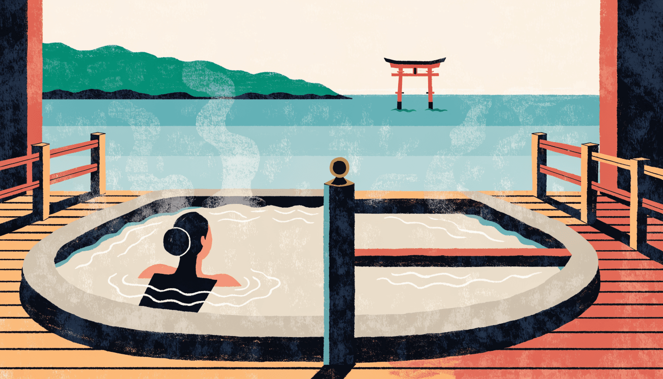 Editorial illustration seen from a private open-air hot-spring infinity bath on a ryokan terrace: a single figure, viewed from behind, soaks shoulder-deep in the steaming stone bath whose edge meets the sea, while far out on the calm water the iconic vermillion torii gate stands in the distance. A forested headland lies on the far shore.