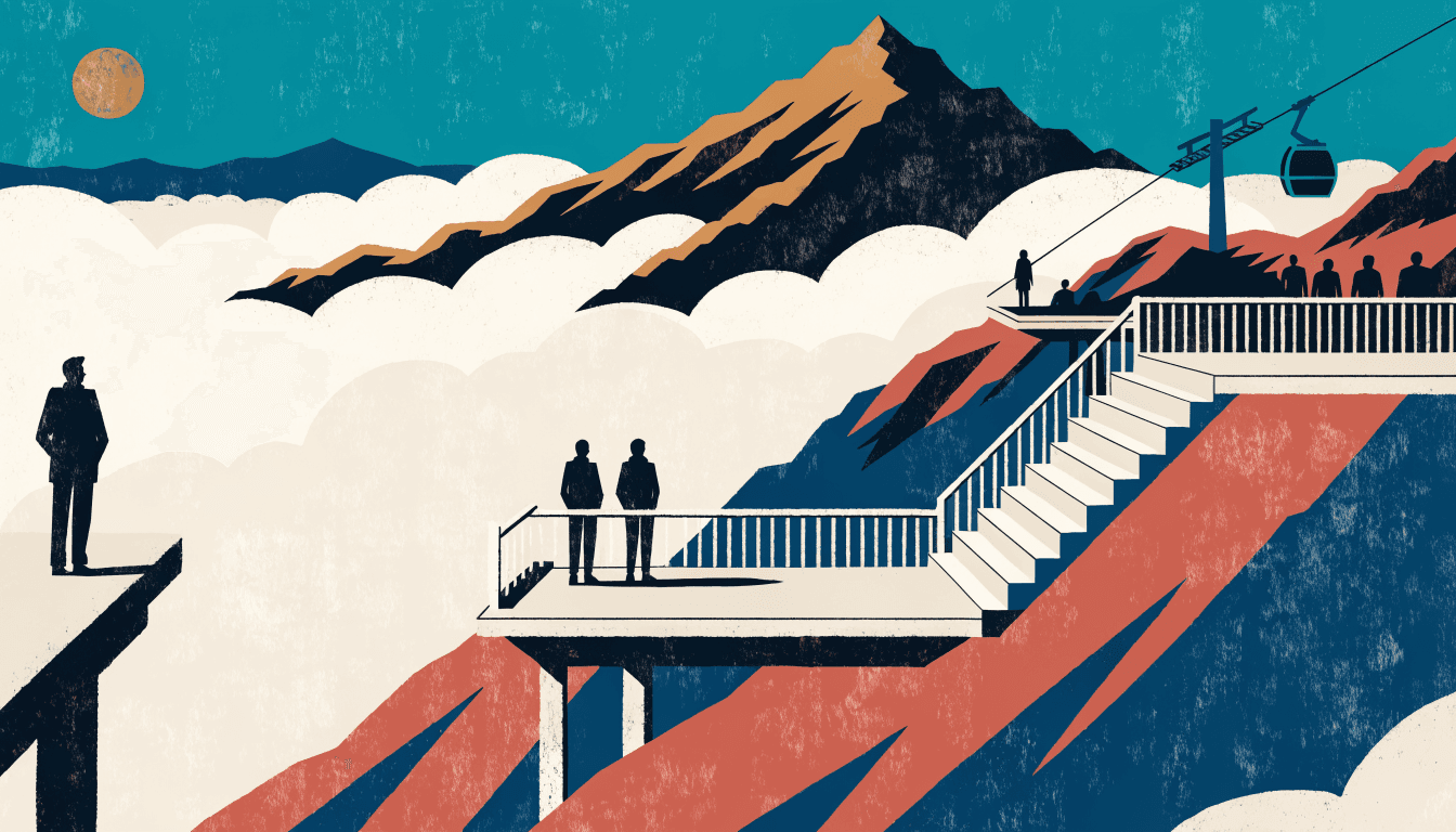 Editorial illustration of a wooden mountain observation terrace floating above a sea of clouds at sunrise, two silhouette figures at the railing looking toward distant peaks.