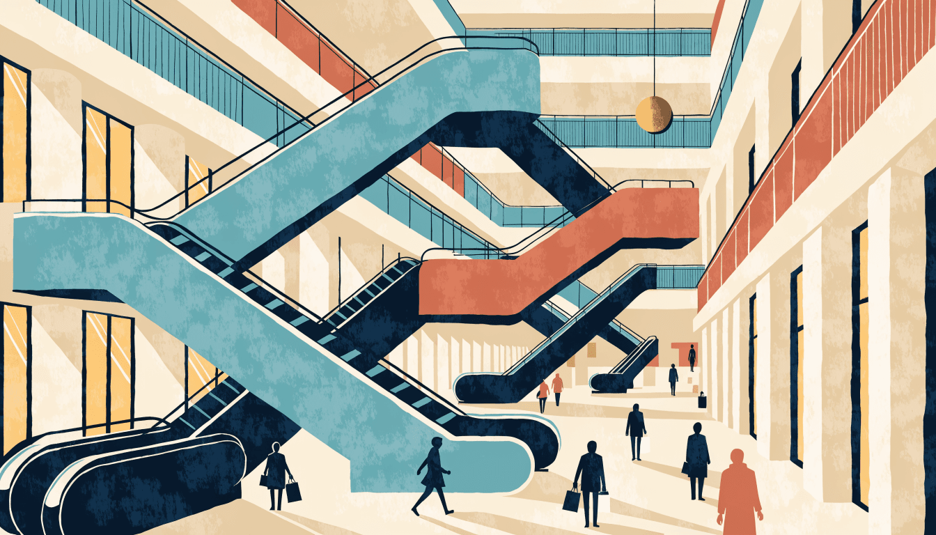 Editorial illustration: shoppers with bags cross the escalator-filled atrium of a Japanese department store