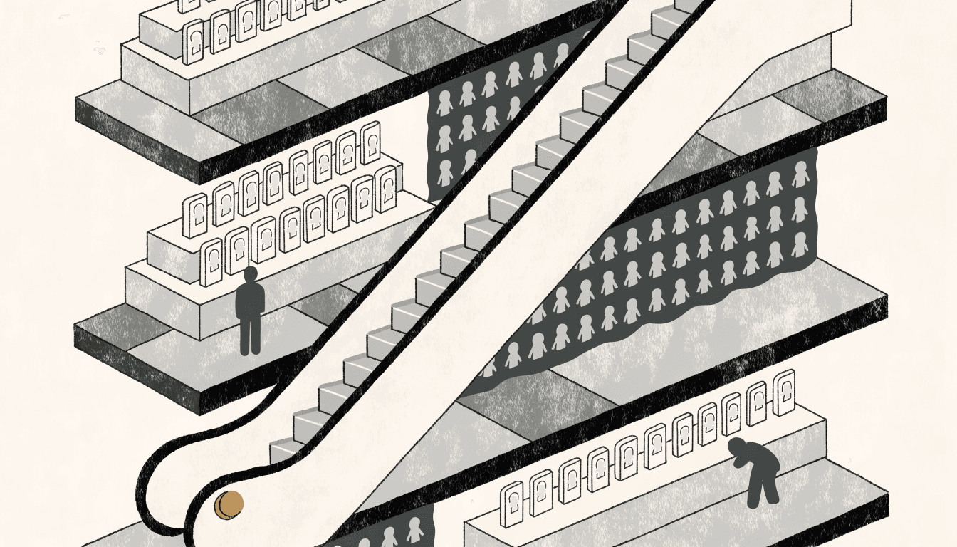 Illustration of a diagonal escalator cutting through layered retail floors lined with rows of abstract character-shaped display cases