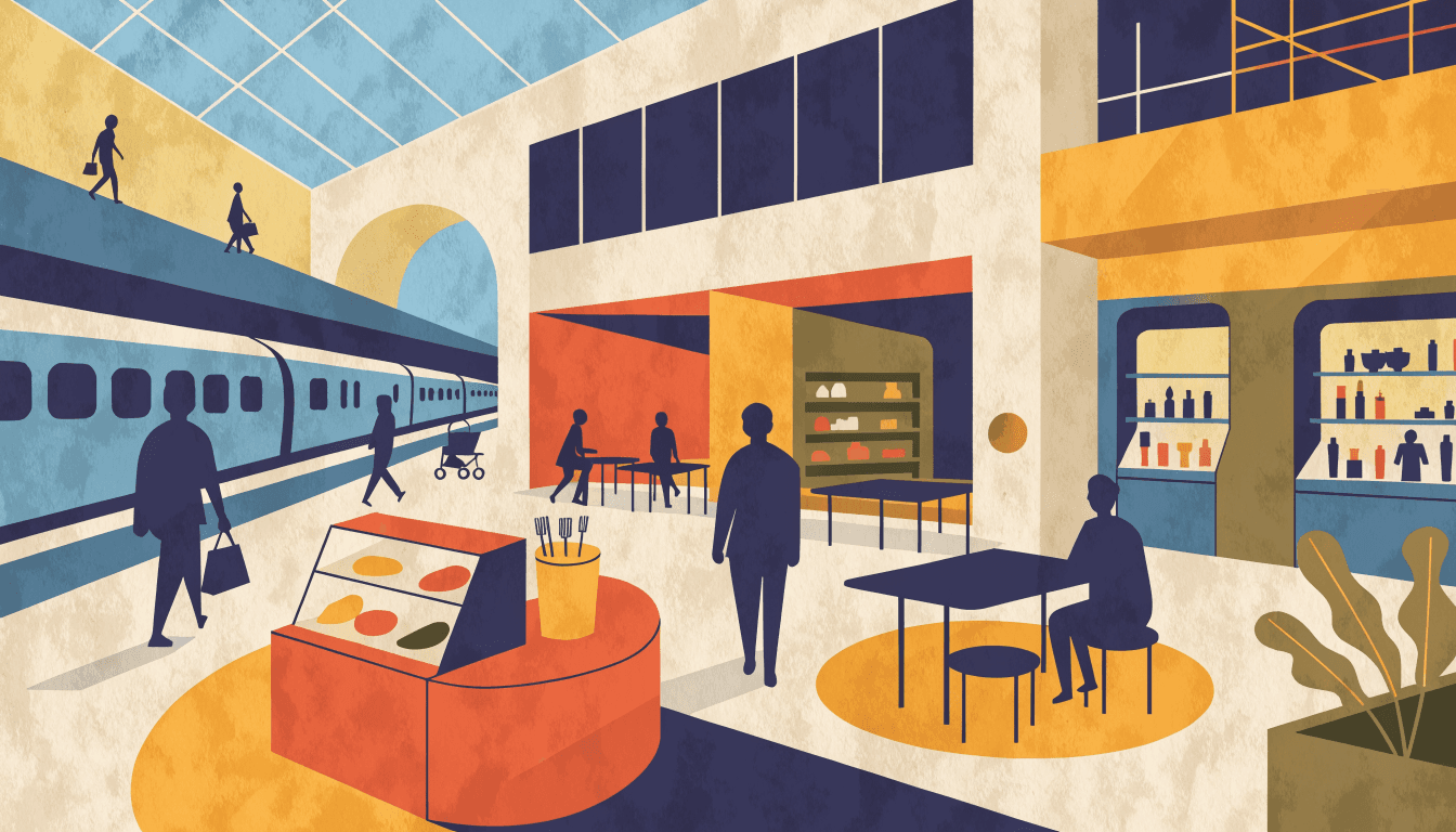 Editorial illustration of a busy suburban Japanese shopping-mall food court and glass atrium under renovation scaffolding, silhouette figures.