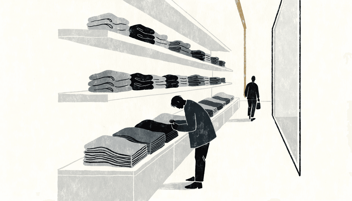 Editorial illustration of a minimalist retail floor with plain wooden shelving and folded innerwear, a shopper examining a garment beneath soft daylight.
