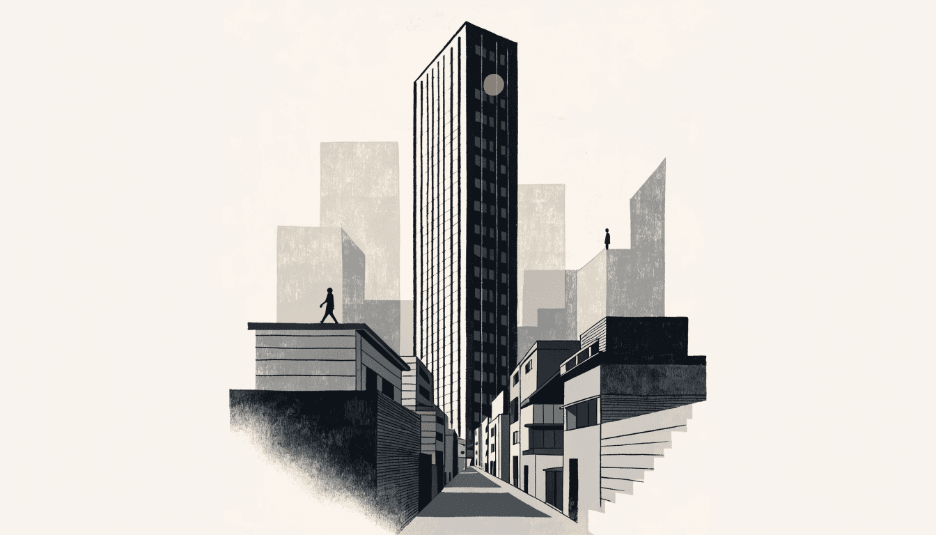 A flat-vector illustration of a slender high-rise tower rising above a quiet Tokyo backstreet at dusk, with silhouetted figures passing on rooftops in the foreground.