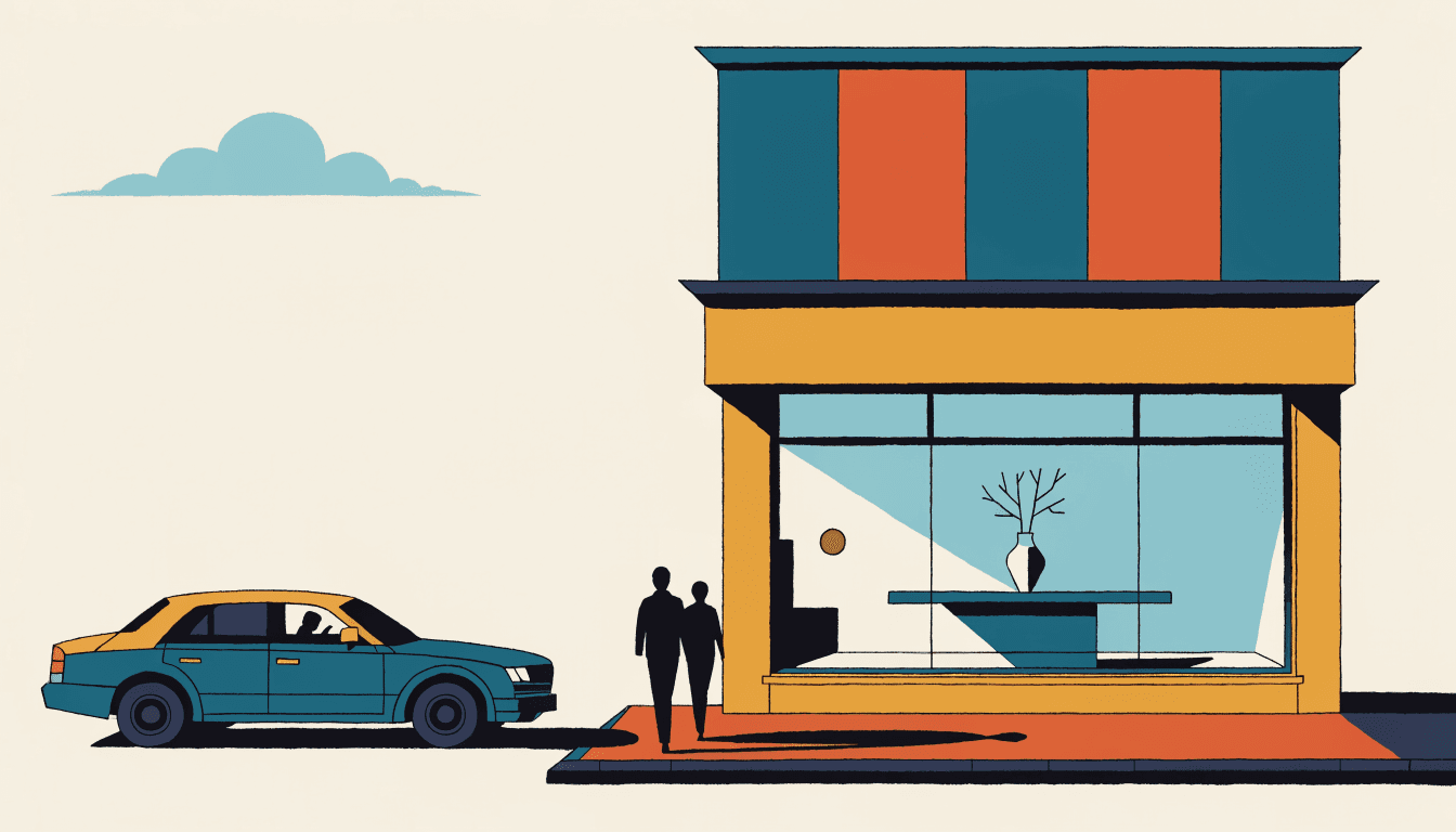 Illustration of an elegant Tokyo boutique street with a chauffeured car waiting at the kerb and two silhouetted figures strolling past an unmarked storefront window