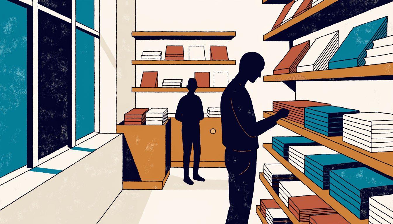 Editorial illustration of a calm MUJI-style retail interior with natural wood shelving and folded goods, a silhouette shopper browsing near a large window.