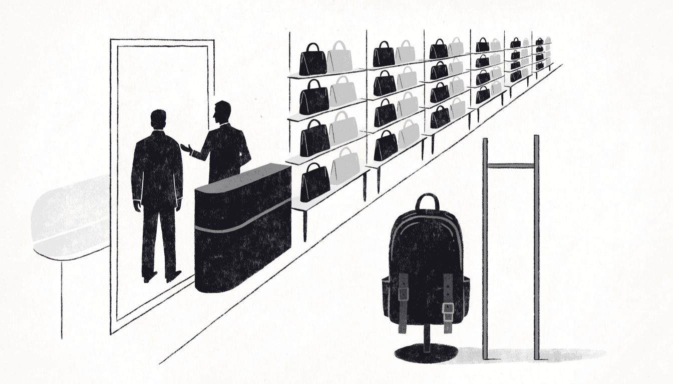 Illustration of a department store's menswear accessories floor with a fitting corner: a sturdy backpack displayed upright on a stand beside a measuring frame, a staff member's silhouette gesturing toward a customer's shoulders from behind, shelves of bags receding down a long aisle.