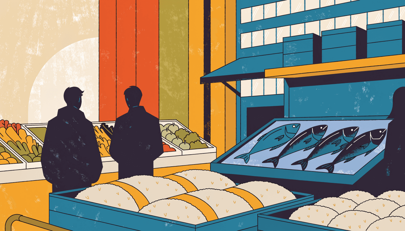 Flat-vector editorial illustration of a Japanese supermarket counter in autumn, with crates of rice, fish on ice, fresh produce and two anonymous shopper silhouettes seen from behind.