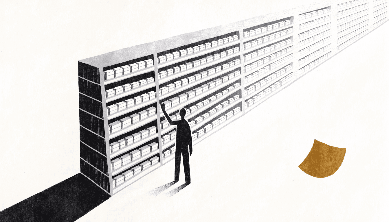 Flat editorial illustration of a long supermarket snack aisle receding along a diagonal, shelves of boxed confectionery and a lone silhouette shopper reaching up, with one small brass-gold accent.