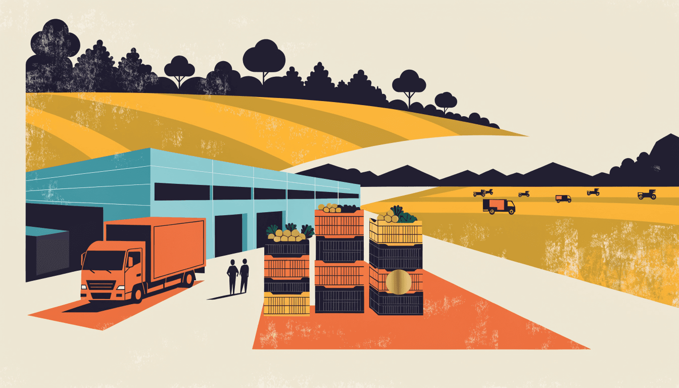 Flat-vector editorial illustration of a fresh-produce processing plant in a green Kanto farming district, with loading bays, a delivery truck and crates of vegetables, anonymous silhouette workers nearby.