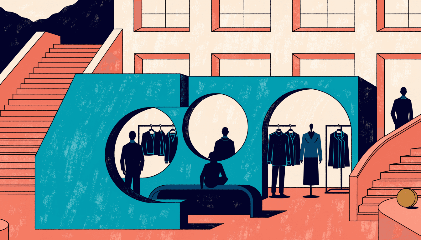 Illustration of a sculptural designer-fashion boutique inside a hillside shopping complex