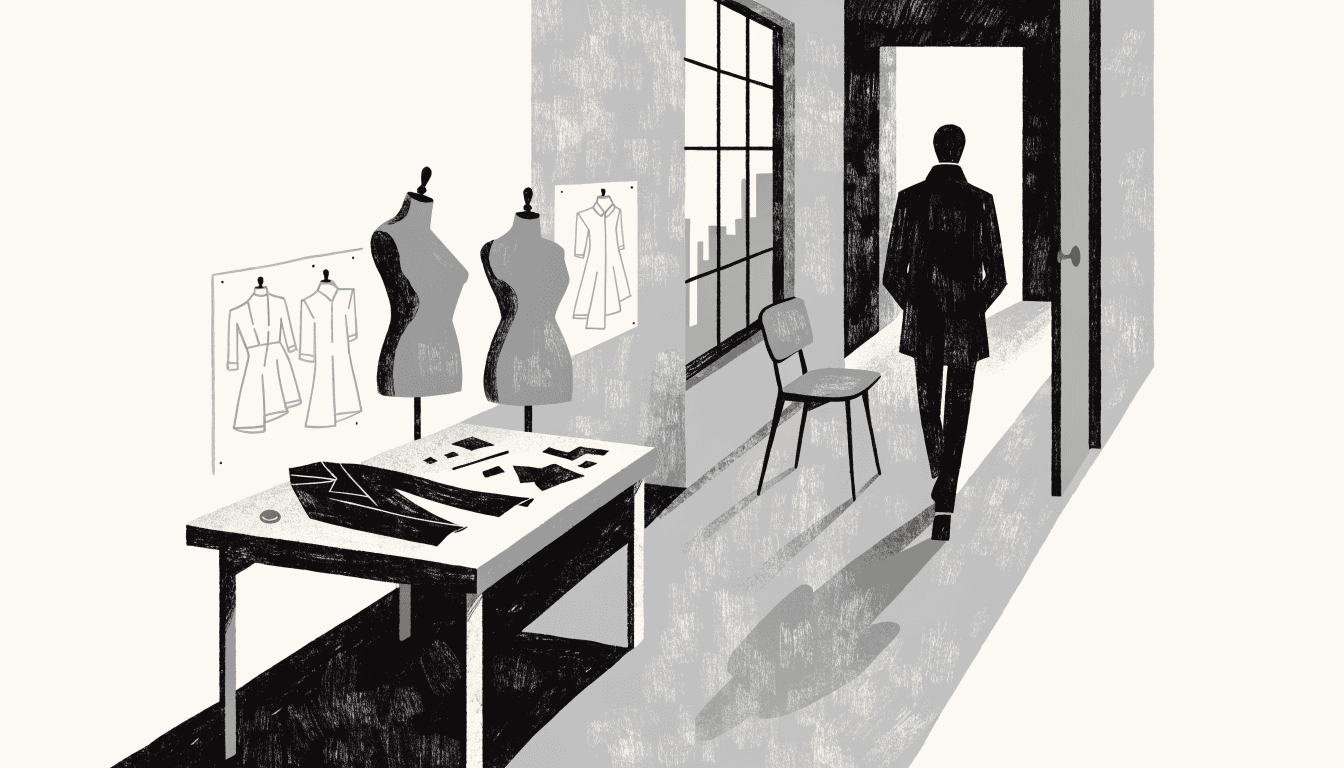 Editorial illustration of a tailoring atelier: a cutting table with a half-finished dark jacket, two dress forms and pinned sketches, an empty chair by a window, and one silhouette figure walking out through a doorway, with a small brass-gold accent.