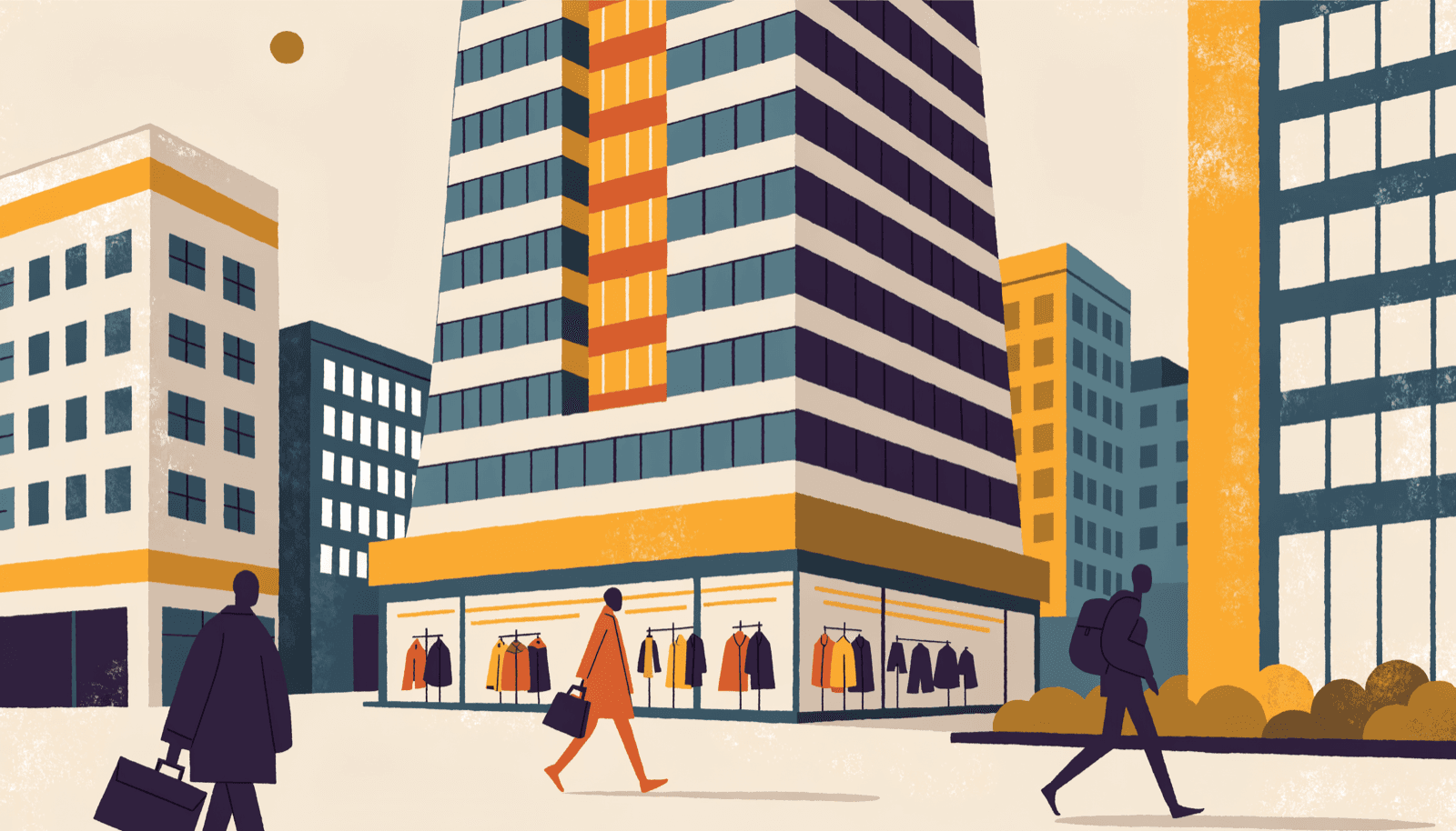 Illustration looking up a new mixed-use office tower to its stone-and-glass retail base, a long diagonal drawing the eye into a warm brass-lit ground-floor entrance