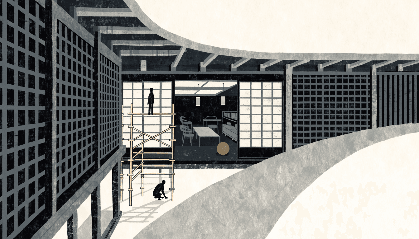 Editorial illustration of a traditional Kyoto machiya courtyard mid-renovation, wooden scaffolding beside dark timber lattice walls, a hint of a modern furnished interior glimpsed through an open shoji screen, warm near-monochrome palette.