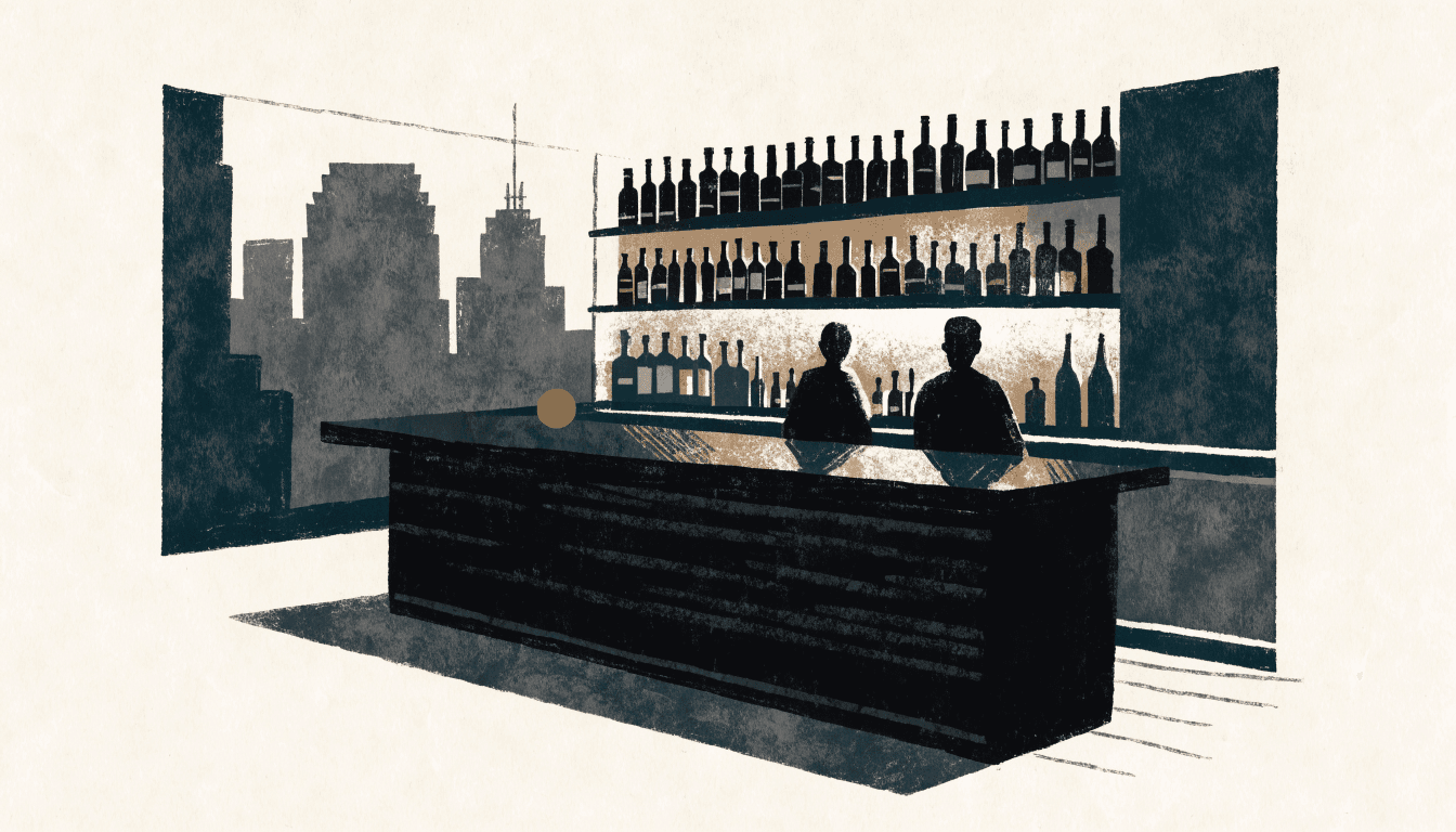 Editorial illustration of an intimate Tokyo cocktail bar at night, a bartender in silhouette mixing a drink behind a glowing shelf of bottles, one or two patrons seated at the counter.