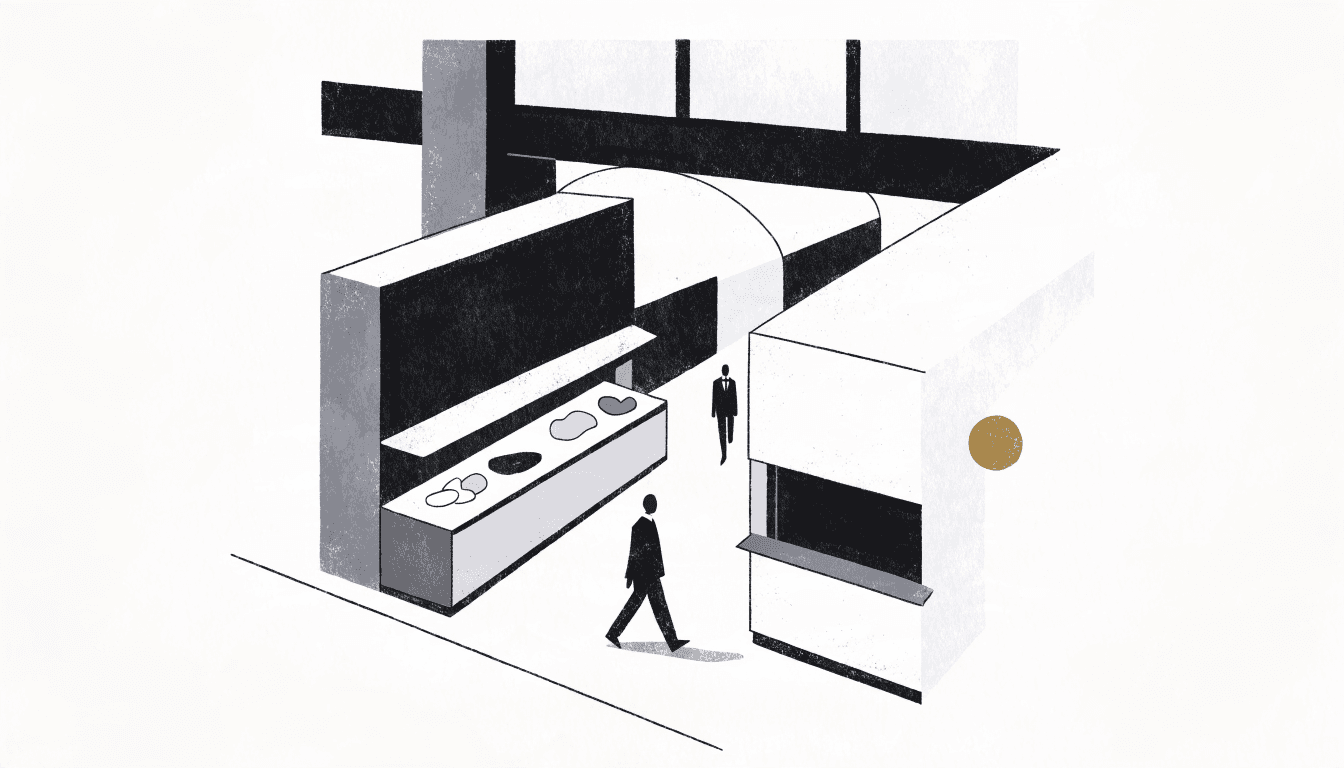 Editorial illustration of a station-building dining floor corridor with two facing restaurant counters and passing commuters.