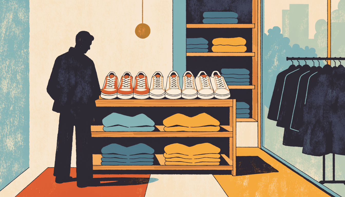Editorial illustration of a department-store lifestyle floor turned into a sneaker-and-apparel shop, trainers displayed on light wood shelving under warm overhead light, a silhouette shopper browsing a rack of casual jackets.