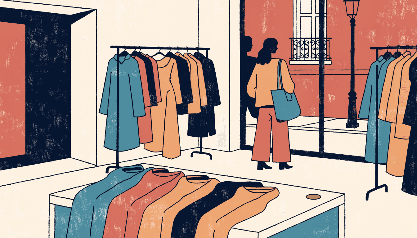 Editorial illustration of a relaxed womenswear boutique interior, soft draped clothing on open racks and a low table display, a shopper browsing near a street-facing window, warm near-monochrome palette.