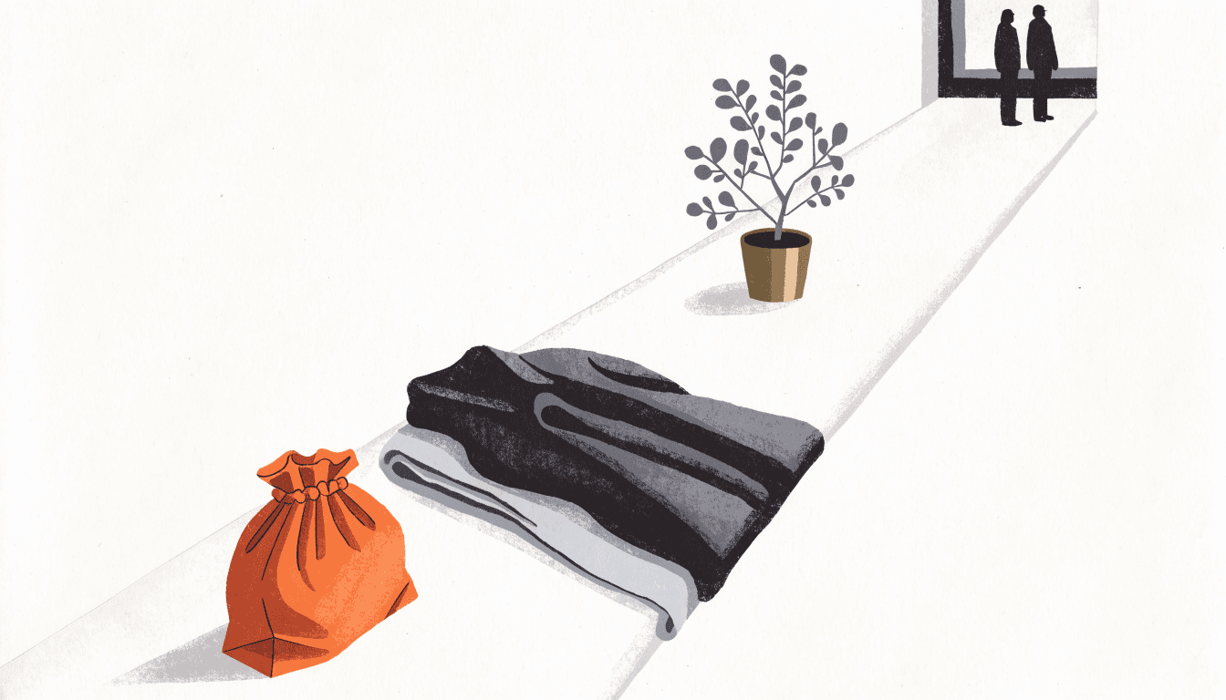Illustration of an orange drawstring shopping bag beside folded clothing and a small potted plant in warm boutique light.