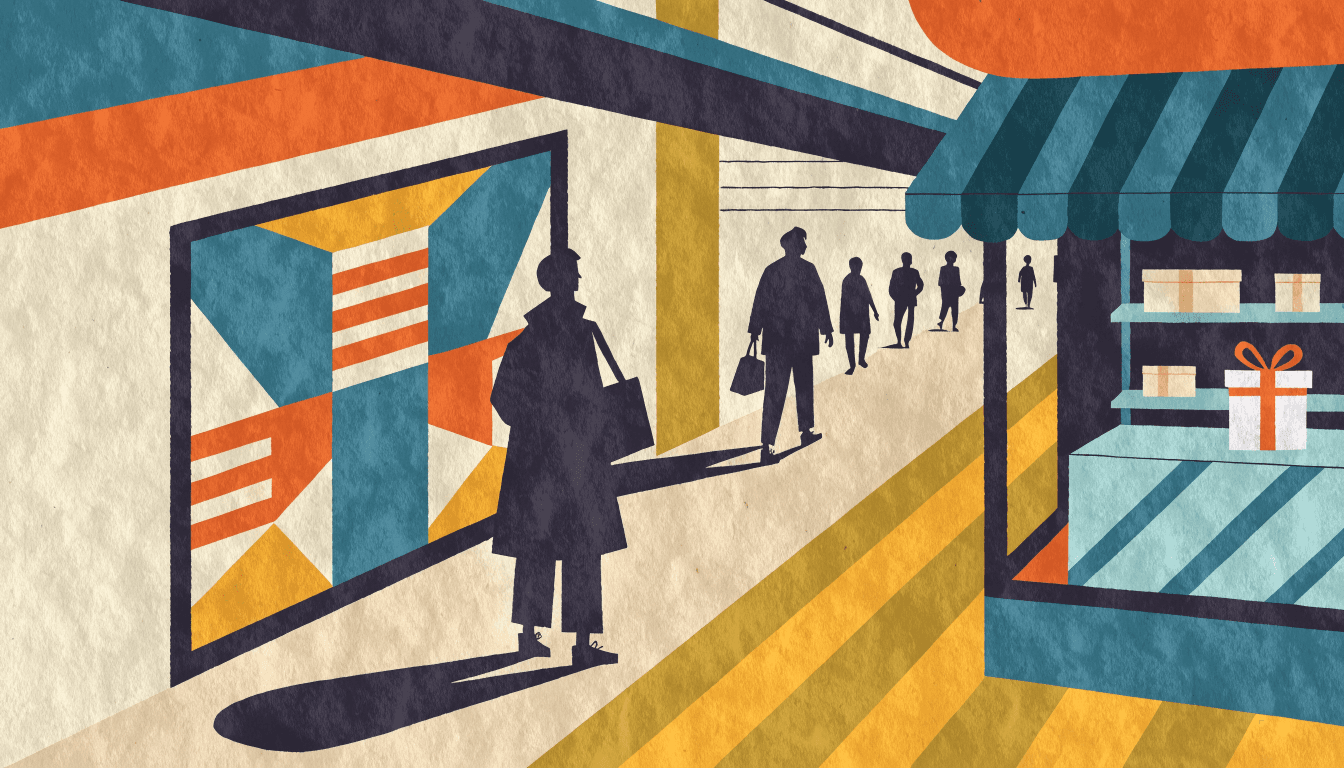 Flat-vector illustration of a silhouette shopper pausing before a large advertising panel in a Tokyo station corridor, with a wrapped gift visible in a nearby shop window