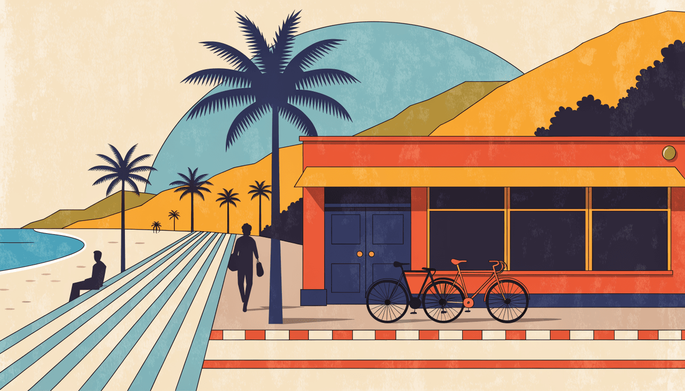 Editorial illustration of a small weekend boutique on a sunny Malibu coastal road, palm trees, a beach boardwalk and parked bicycles, with a silhouette figure walking past and another seated by the water, warm cream and terracotta tones, no text or logos.