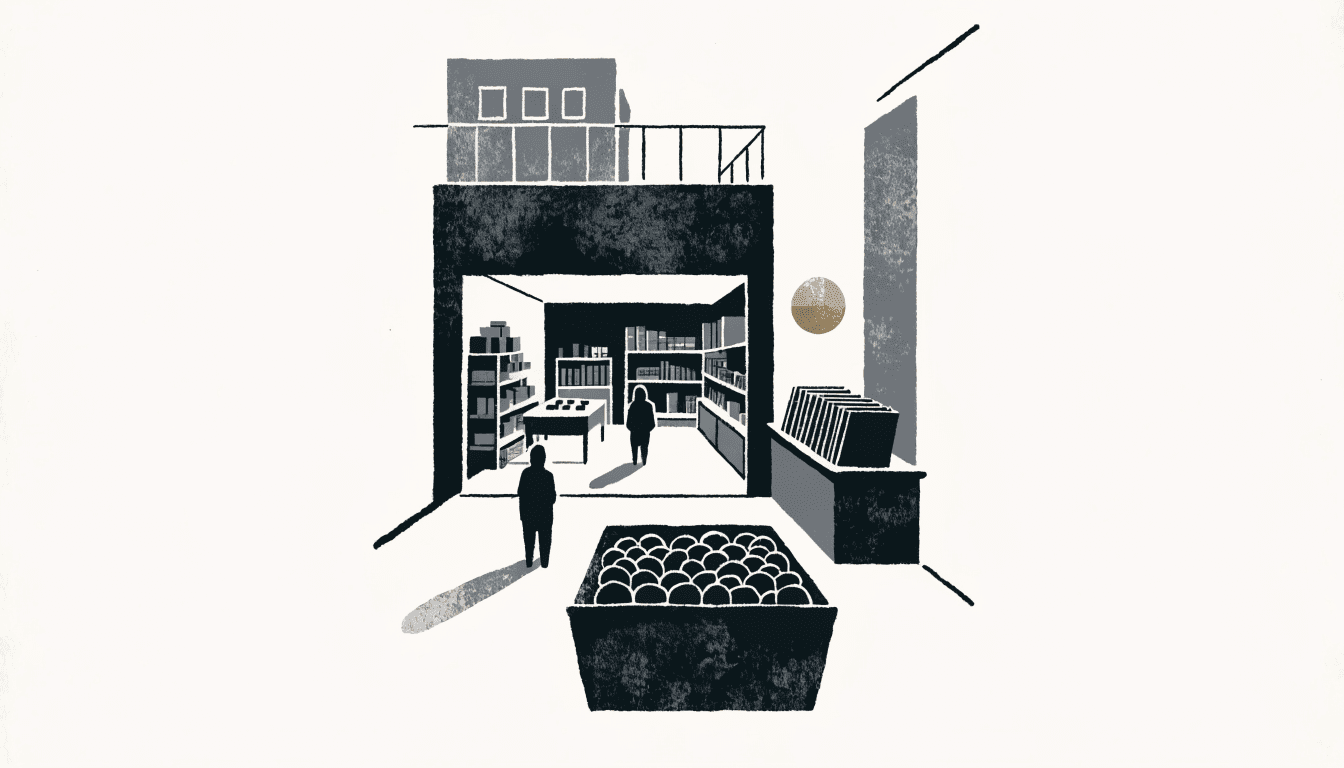 Illustration of a record and lifestyle-goods shop interior with vinyl bins and shelved objects