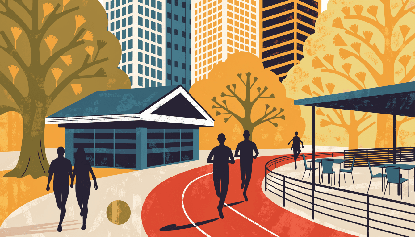 Illustration of a tree-lined Tokyo park with a small pavilion shop, a running track, silhouette runners and a cafe terrace beneath autumn ginkgo trees