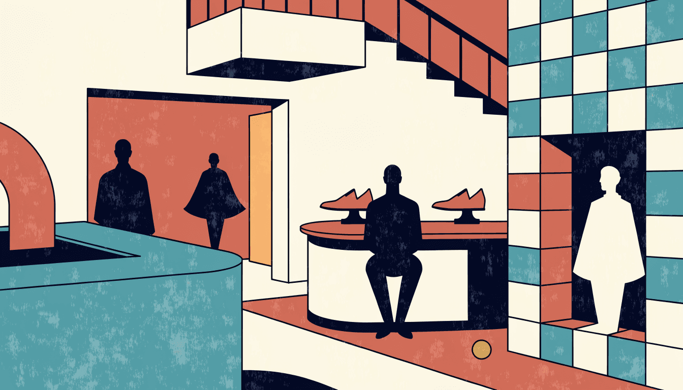 Illustration of a bespoke leather-goods boutique interior with a patina bar for fine shoes