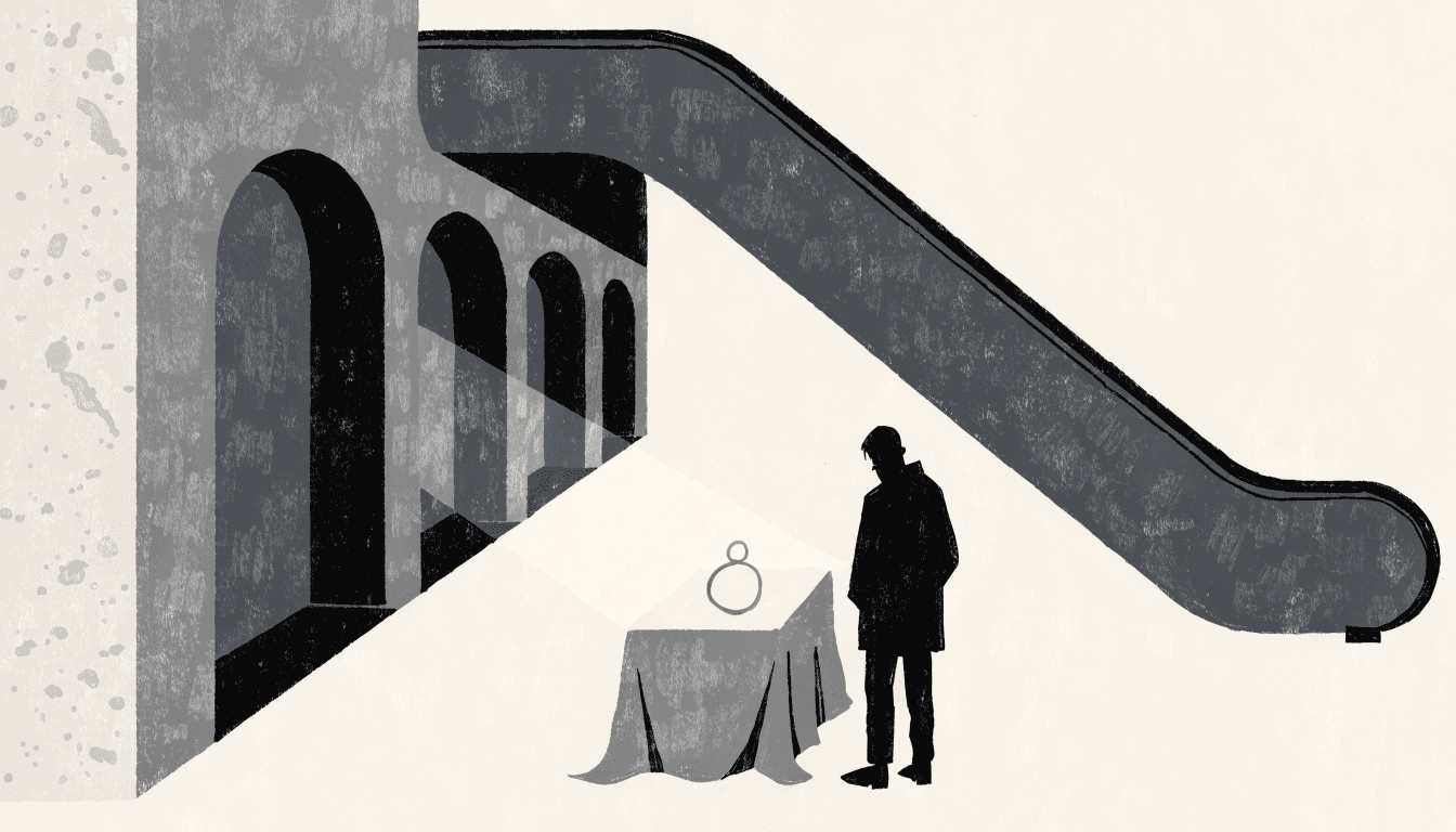Flat-vector illustration of a department-store display alcove on a diagonal, arched Roman-style niches in a travertine-textured wall, a spotlit jewellery pedestal, a silhouette shopper viewed from behind, an escalator well beyond.