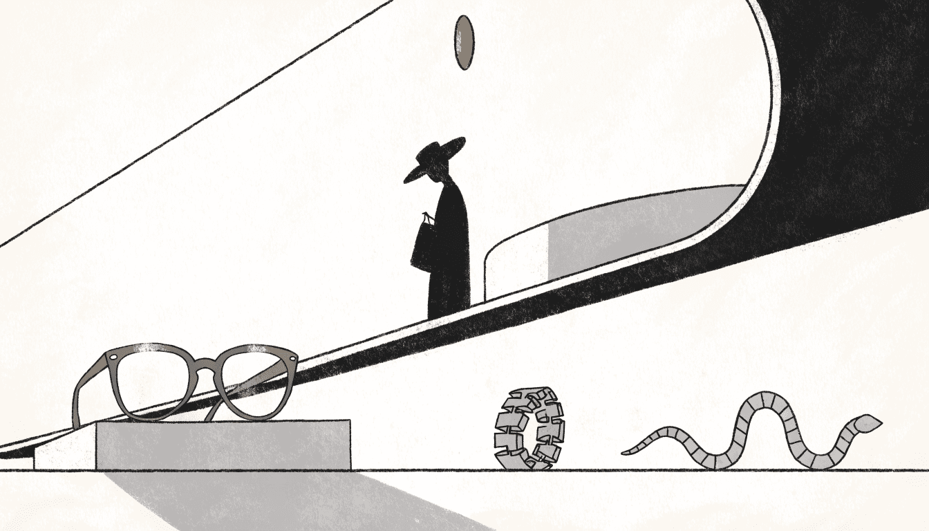 A minimalist eyewear and jewellery counter with a single pair of glasses catching the light on a low pedestal, a silhouette figure browsing at a distance