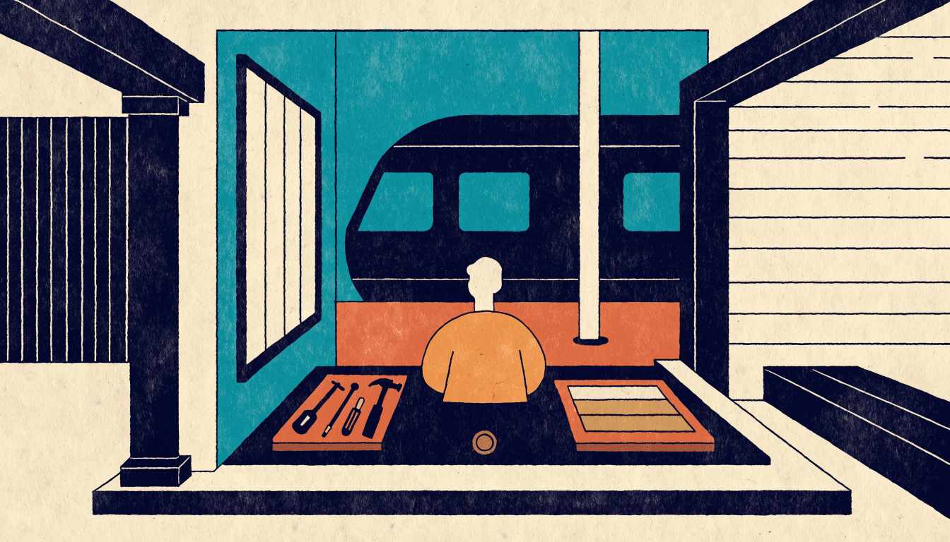 Flat vector editorial illustration of a small station-adjacent renovation consultation counter with tools and swatches on a shelf, a train platform visible through a window, and one small brass-gold accent.