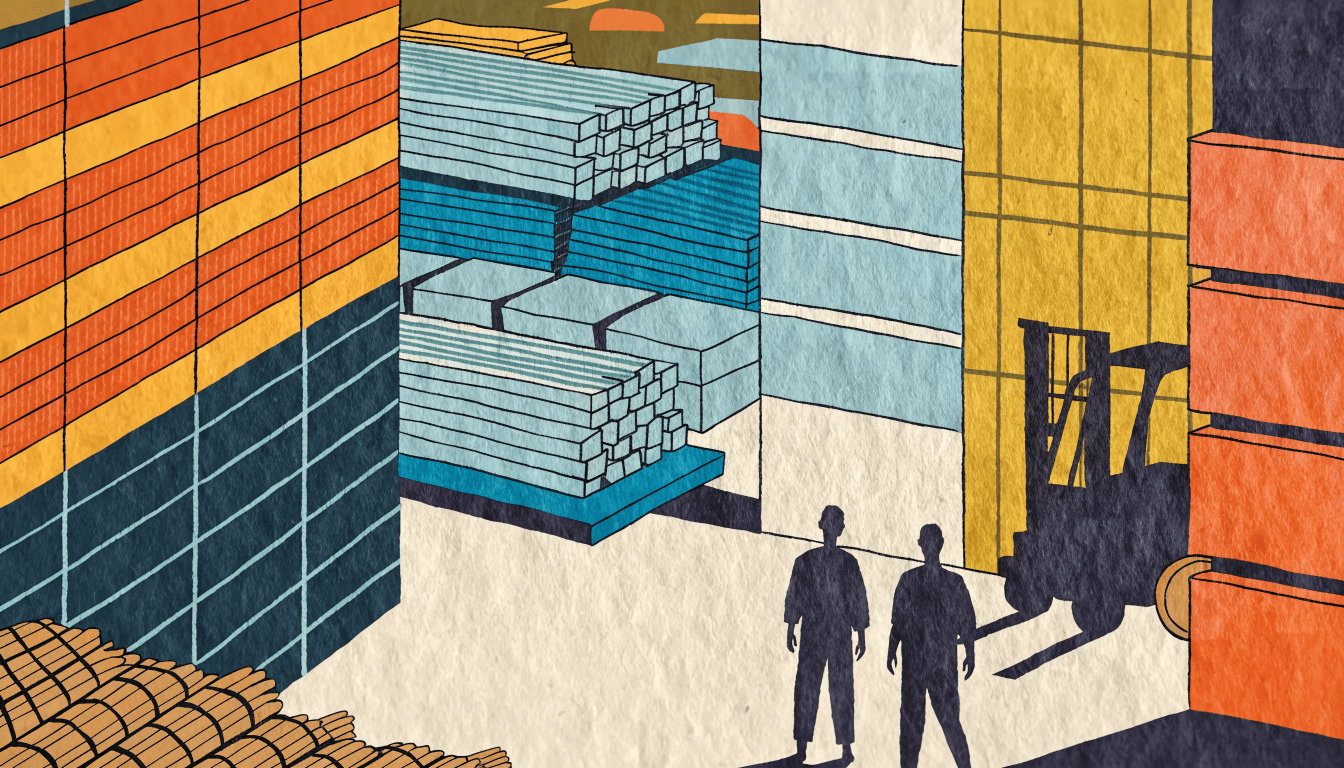 Flat editorial illustration of a home-improvement warehouse aisle meeting a lumber yard, stacked building-material crates and a forklift silhouette, with one small brass-gold accent.