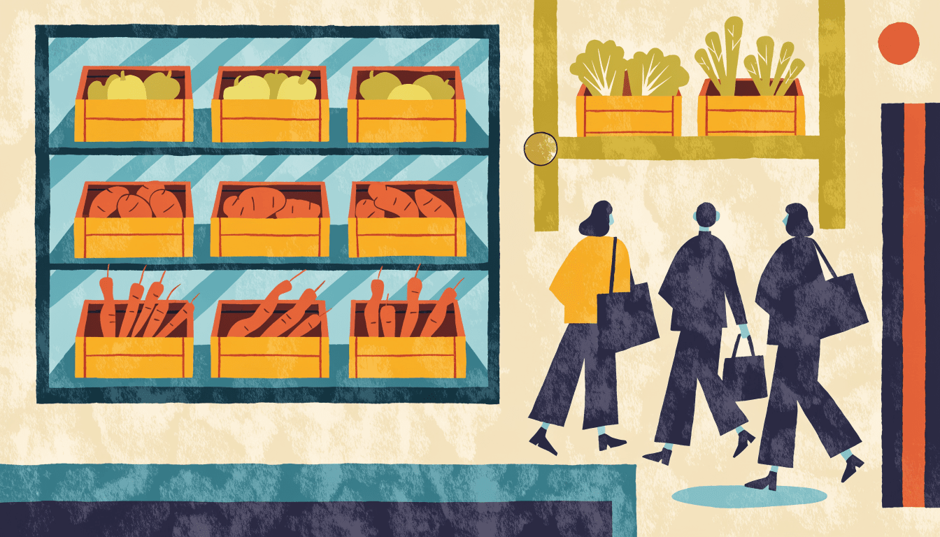 Illustration of a home-centre food aisle with crates of crooked carrots, sweet potatoes and misshapen vegetables on shelves while shoppers walk past carrying tote bags.