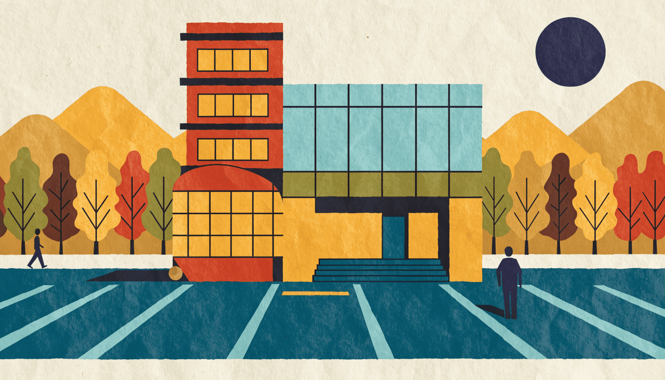 Flat-vector editorial illustration of a low-rise regional store with a wide parking lot, autumn trees and mountains behind, and two silhouette figures for scale.