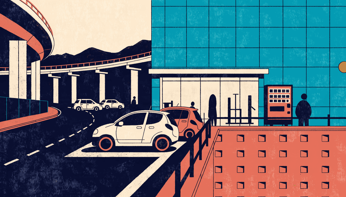 Flat-vector illustration of an unstaffed convenience gym storefront at a Japanese highway service area at dusk, with parked cars and a vending machine nearby.