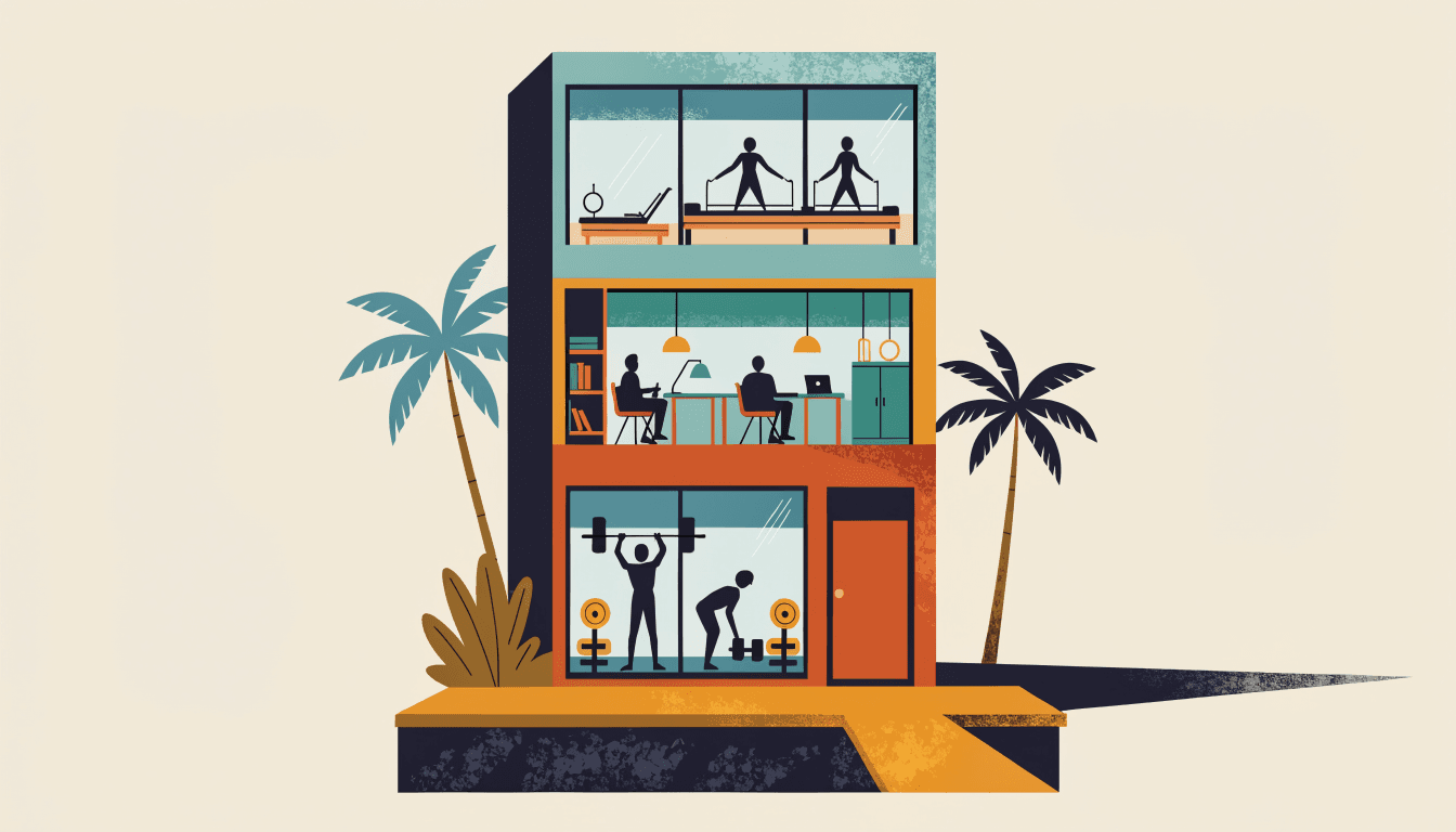 Editorial illustration of a three-storey standalone fitness building under tropical evening light, glass walls revealing silhouette figures using free weights, a co-working corner and a pilates studio stacked floor by floor.