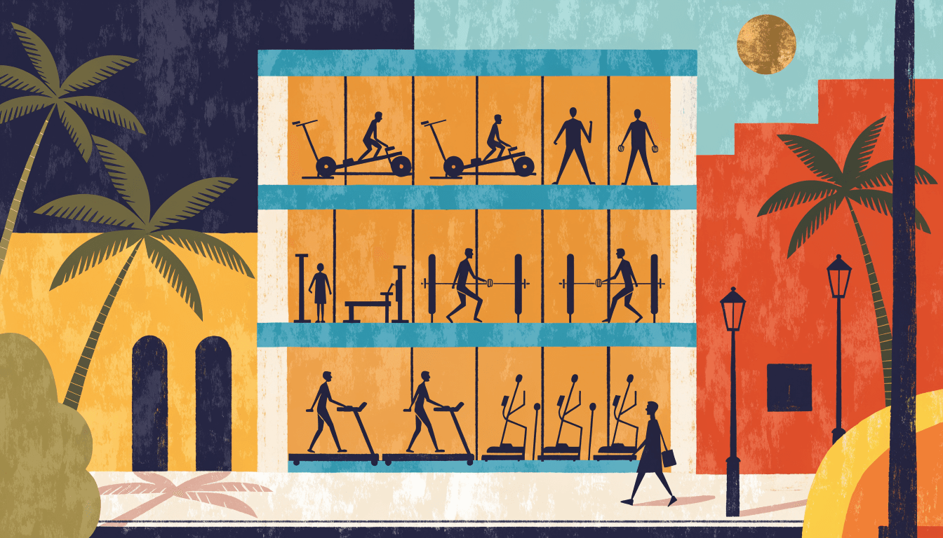 Illustration of a three-storey glass-fronted fitness building under tropical palms, silhouette figures on gym equipment visible through tall windows on each floor, warm evening light.