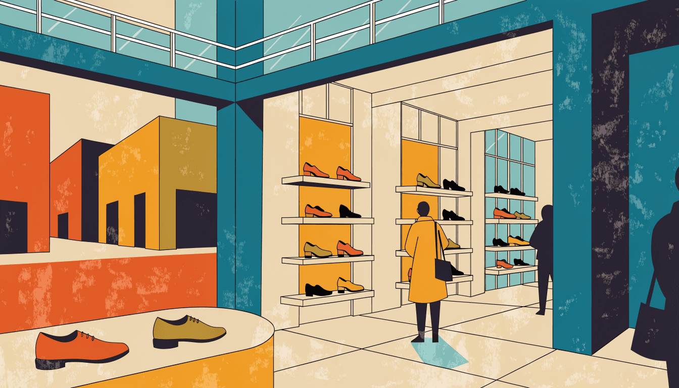 Editorial illustration of a minimalist footwear boutique interior with stainless-steel and grey fixtures, rows of shoes neatly displayed, inside a bright suburban shopping mall.