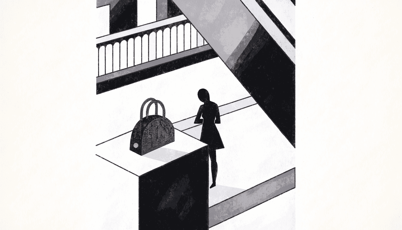 Illustration of a department-store pop-up corner with a crystal-embellished handbag displayed on a plinth, and a silhouette shopper browsing nearby.