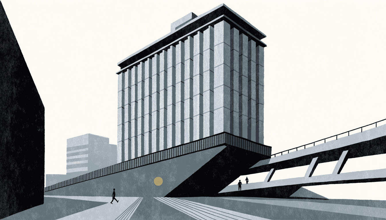Illustration of a modern hotel tower rising directly above a city railway station concourse, elevated rail lines sweeping past and small silhouetted figures crossing below.