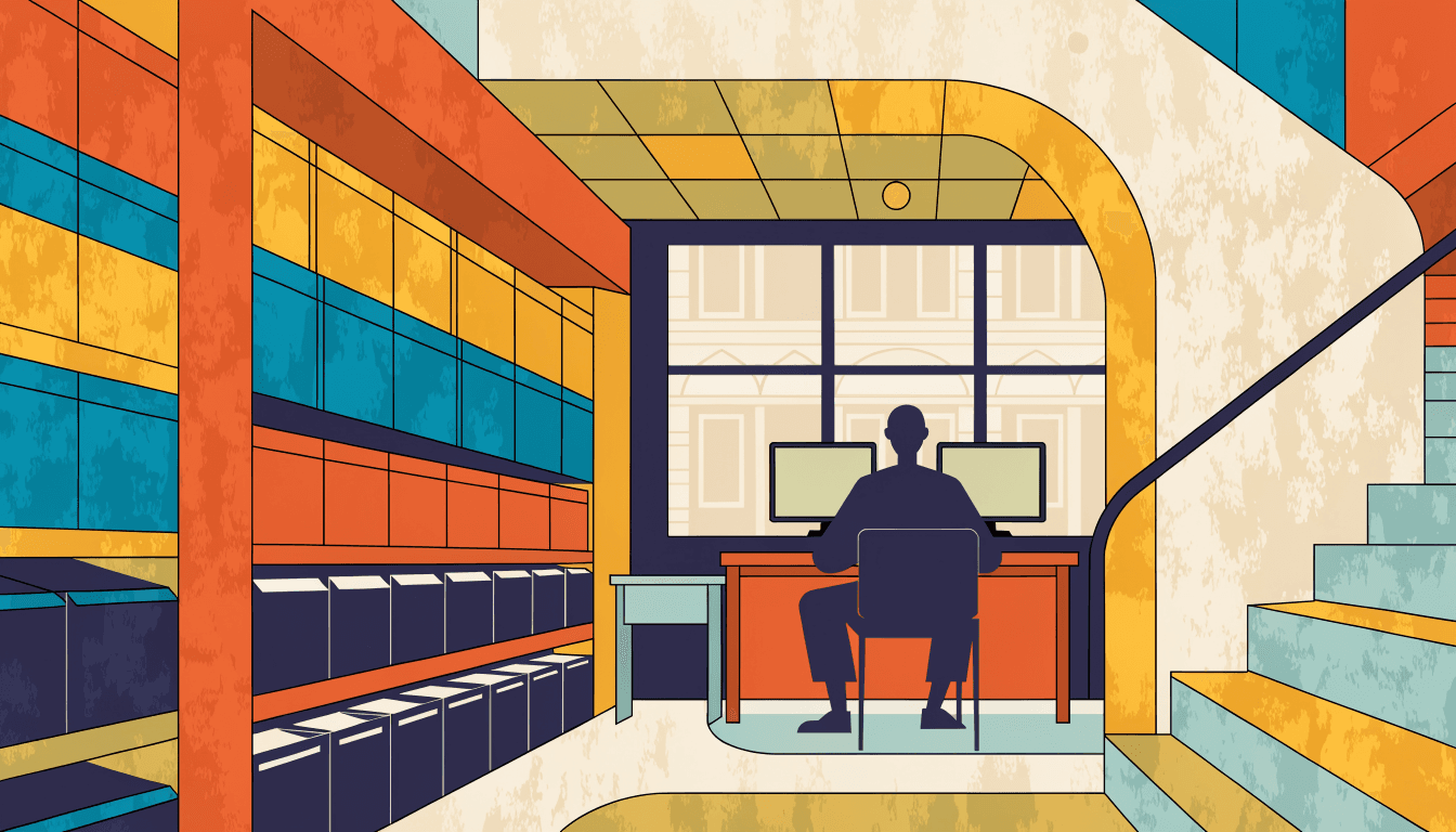 Illustration of a small streaming studio tucked into a department-store upper floor, with a silhouette figure at a desk of glowing screens beside racks of boxed merchandise.