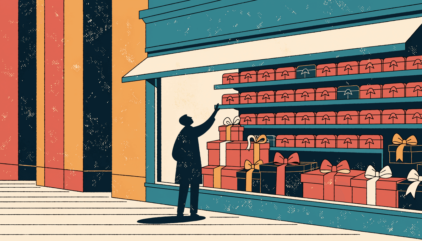 Flat-vector illustration of a department store's ground-floor sweets counter stacked with boxed cookies and ribboned gift boxes, a shopper silhouette reaching up.