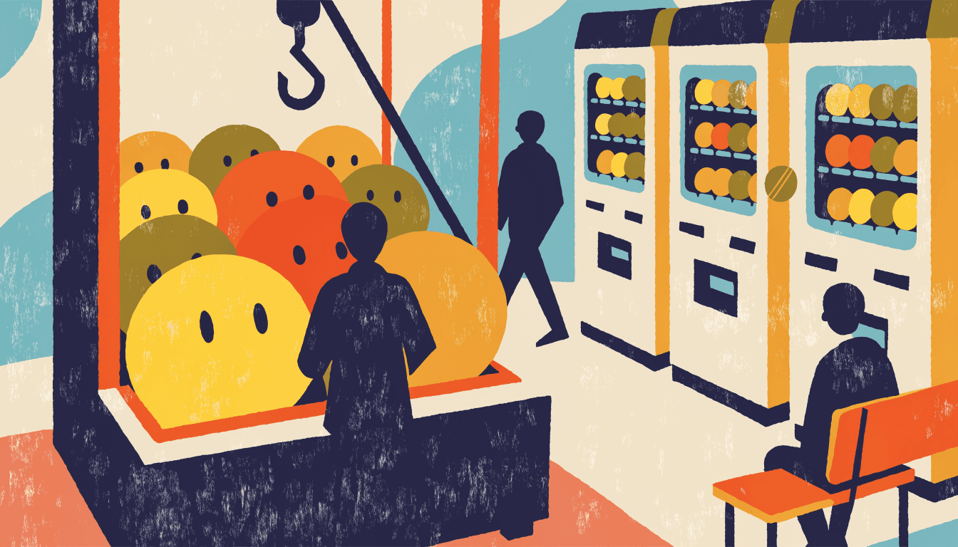 Illustration of a crane-game machine filled with large mascot plush toys, beside a row of capsule-toy vending machines in an amusement corner.