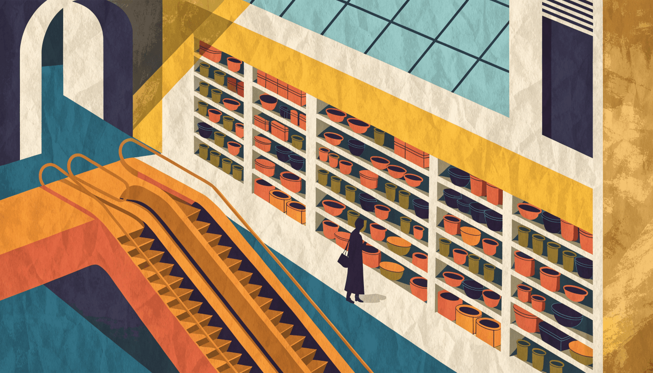 Illustration of a mall interior with escalators and shelves of neatly arranged household goods under a skylight, one silhouetted shopper browsing.